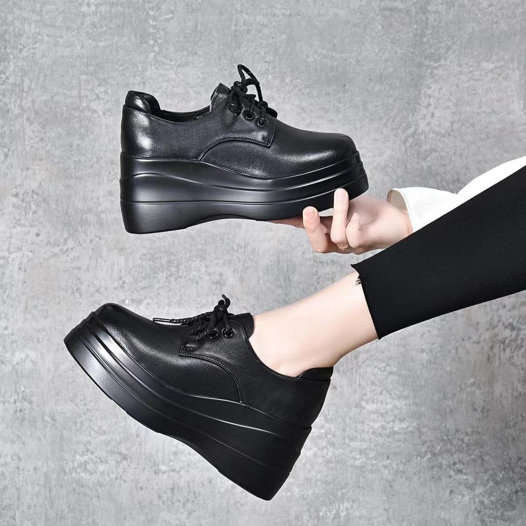 Platform Shoes Women's 2025 Spring New Round Head Lace-up Muffin Heel Women's Shoes First Layer Cowhide Leisure College Style Single Shoes