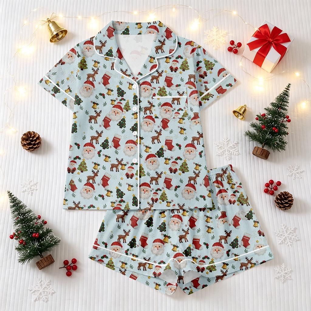 Women's Christmas Pajama Set with Short-Sleeve Button-Down Shirt and Shorts