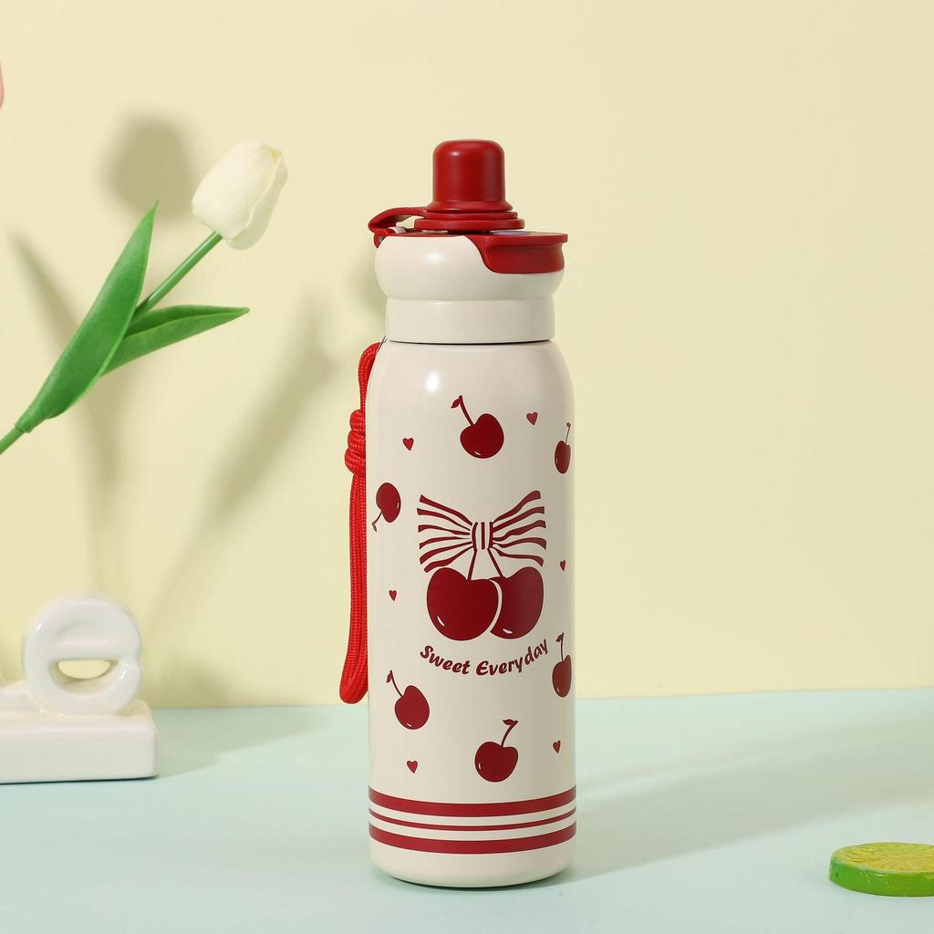 New High-value Cute Cartoon Straw Cup Will Carry Rope Double Drink Straight Cup 316 Stainless Steel Thermos Cup