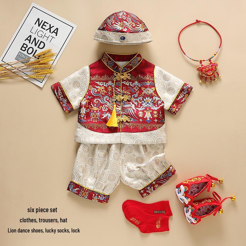 Summer Baby Boy Birthday Tang Suit with Crown for Zhou Ceremony