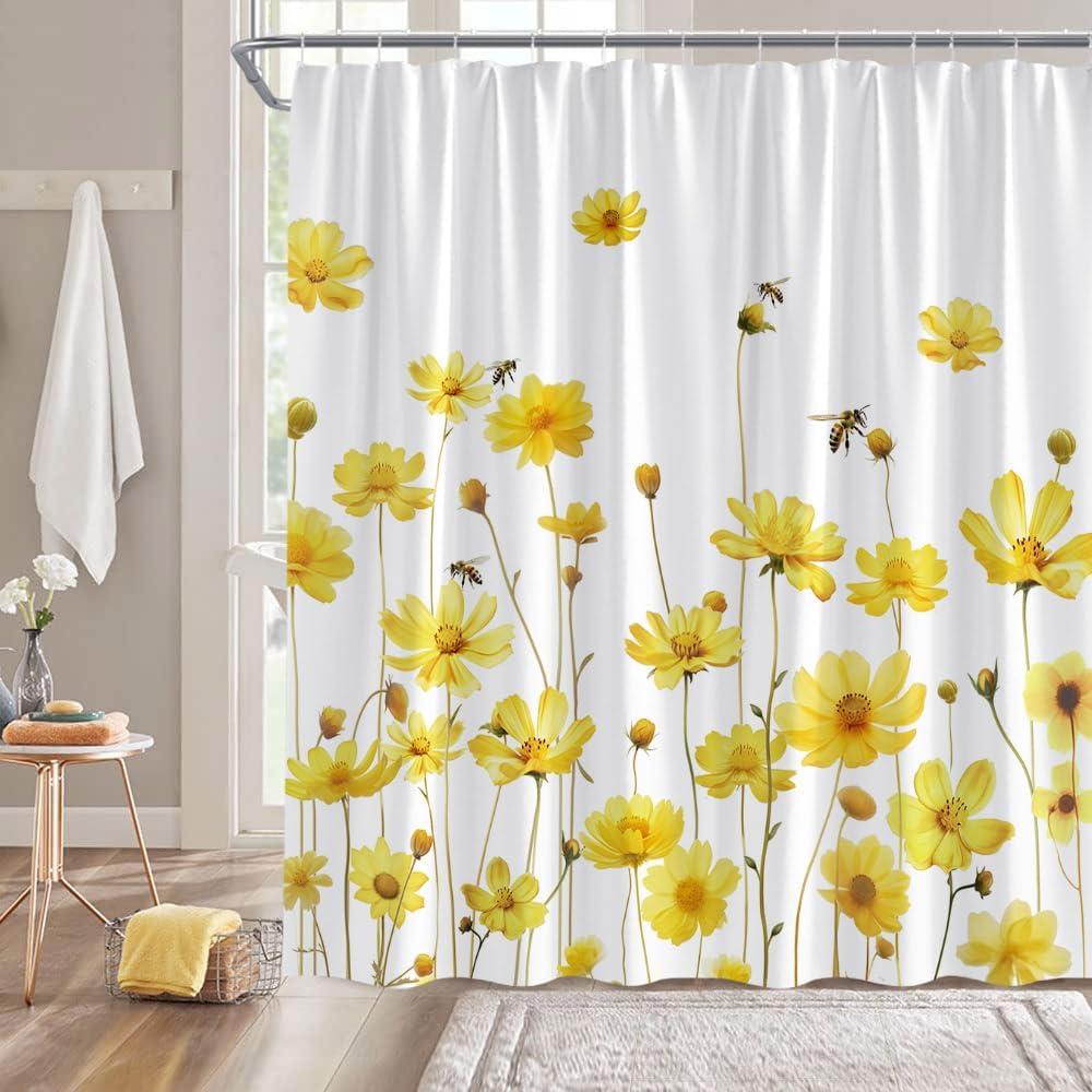 Floral Shower Curtain Blue Daisy Flower Butterfly Spring Nature Watercolor Yellow White Bathroom Home Curtain Decor With Hooks
