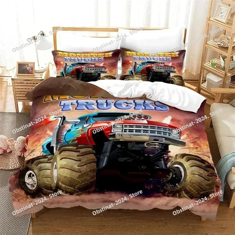 Boys Cars Duvet Cover Cartoon Monster Truck Cool Vehicle Bedding Set Off Road Vehicle Locomotive Comforter Cover King Size