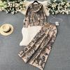Damen Premium Print Kapuzenpullover Hohe Taille Weite Beinhosen Lässige Sport Strickwaren Zweiteiliges Set Mode Altersreduzierend