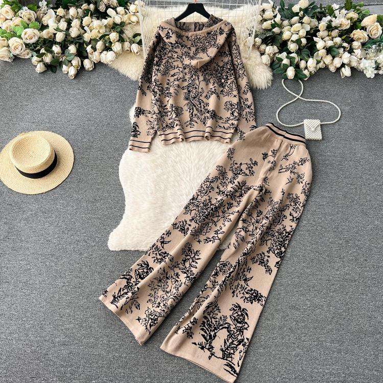 Damen Premium Print Kapuzenpullover Hohe Taille Weite Beinhosen Lässige Sport Strickwaren Zweiteiliges Set Mode Altersreduzierend