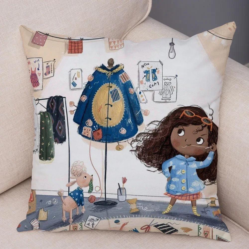 Față de pernă decorativă Artă Lume de basm colorată, Minunată față de pernă cu fetiță de desene animate, pentru canapea, casă, față de pernă super moale de pluș
