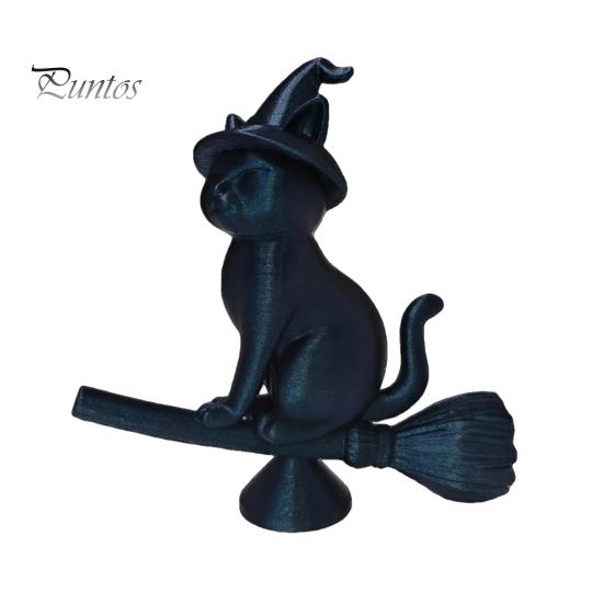Exquisite Cat Collectible Witch Figurine, Black Riding Broom Statue, 3D Printed Figure Ornament, Desktop Decoration for Home Office Decor Ornament