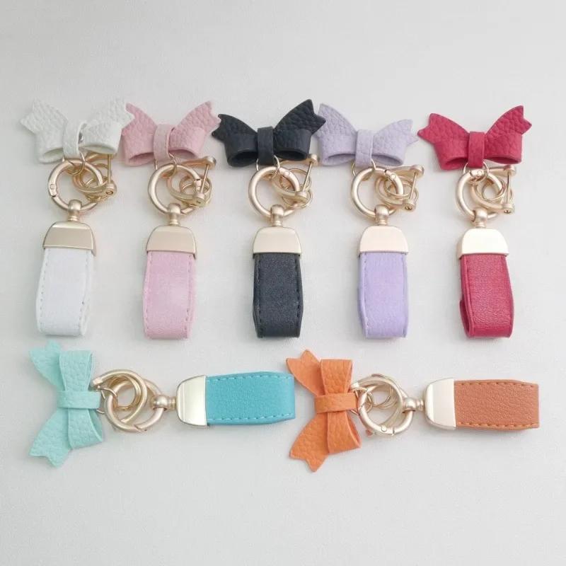 Custom Bowknot Leather Keychain Blank Laser Engrave Cute Hand Rope Car Ring Personalized Bag Decoration Key Chains