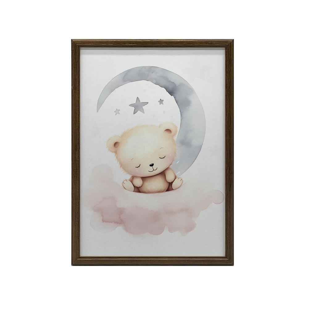 Śpiący Miś Na Różowej Chmurce Śpiący Miś Na Różowej Chmurce, 50X70 Cm, Rama Drewniana Ciemny Brąz, Papier Matowy 230 Gsm