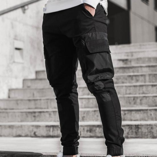 Cargo Pants Large Side Pockets Fine Texture Contrast Color Men Splicing Sports Trousers for Daily Life