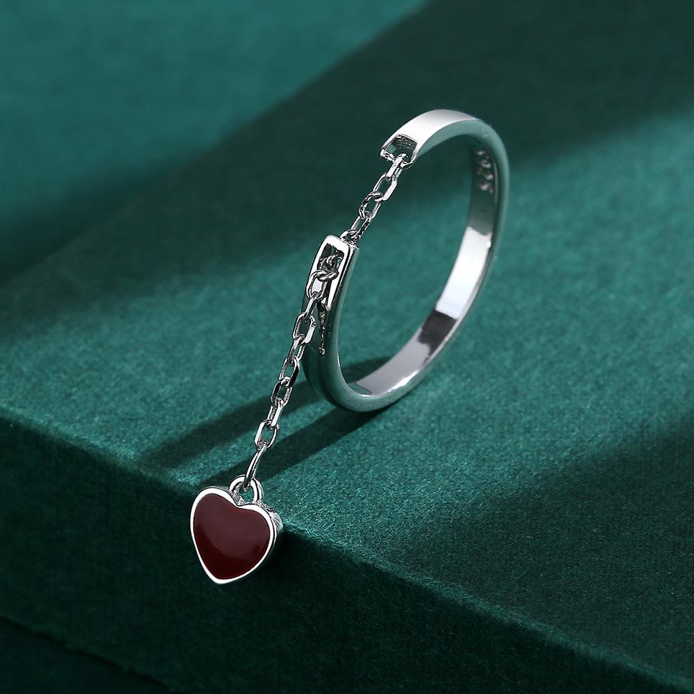 S925 Sterling Silver Heart Tassel Enamel Open Ring - Women's Fashionable Light Luxury Design