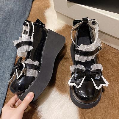 Fashion Japanese Kawaii Punk Goth Chunky Platform Pumps Women Bowtie Wedges Mary Jane Lolita Shoes Woman Heart Ankle Buckle Black Shoes