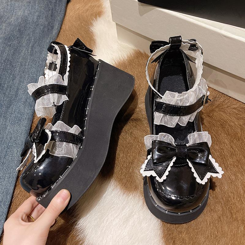 Módní Japonské Kawaii Punk Goth Robustní Platformové Lodičky Ženy Mašle Klínky Mary Jane Lolita Boty Žena Srdce Kotníková Přezka Černé Boty