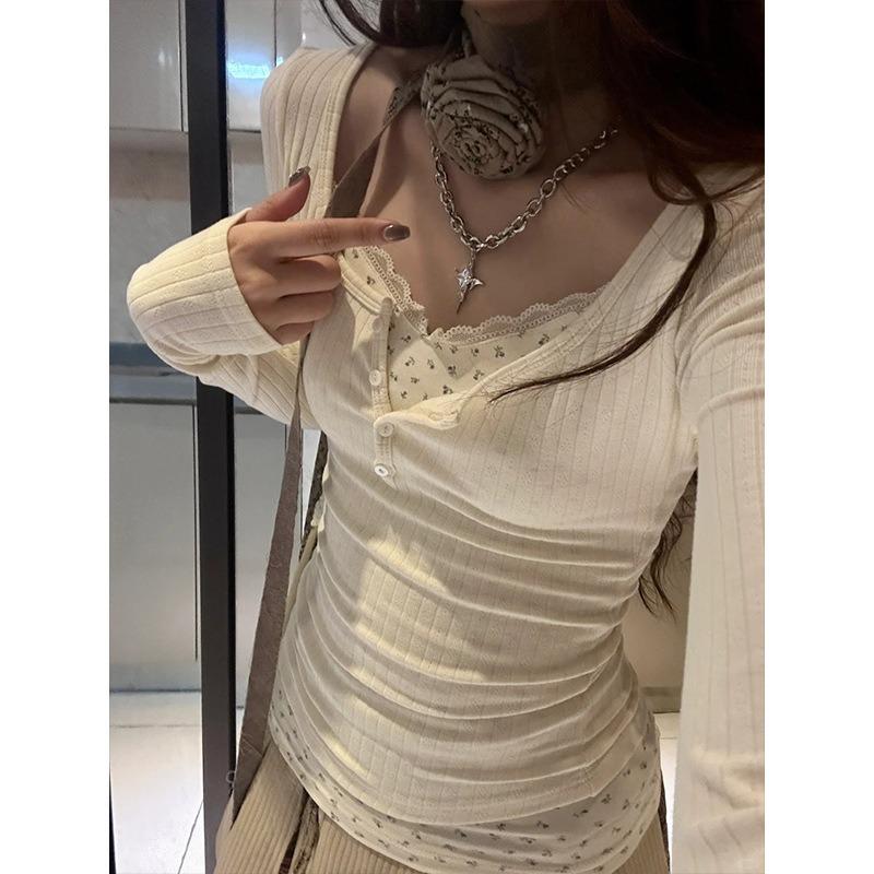 Lace collar floral splicing fake two-piece top spring slim-fitting sweet and spicy inner bottoming shirt long-sleeved shirt women