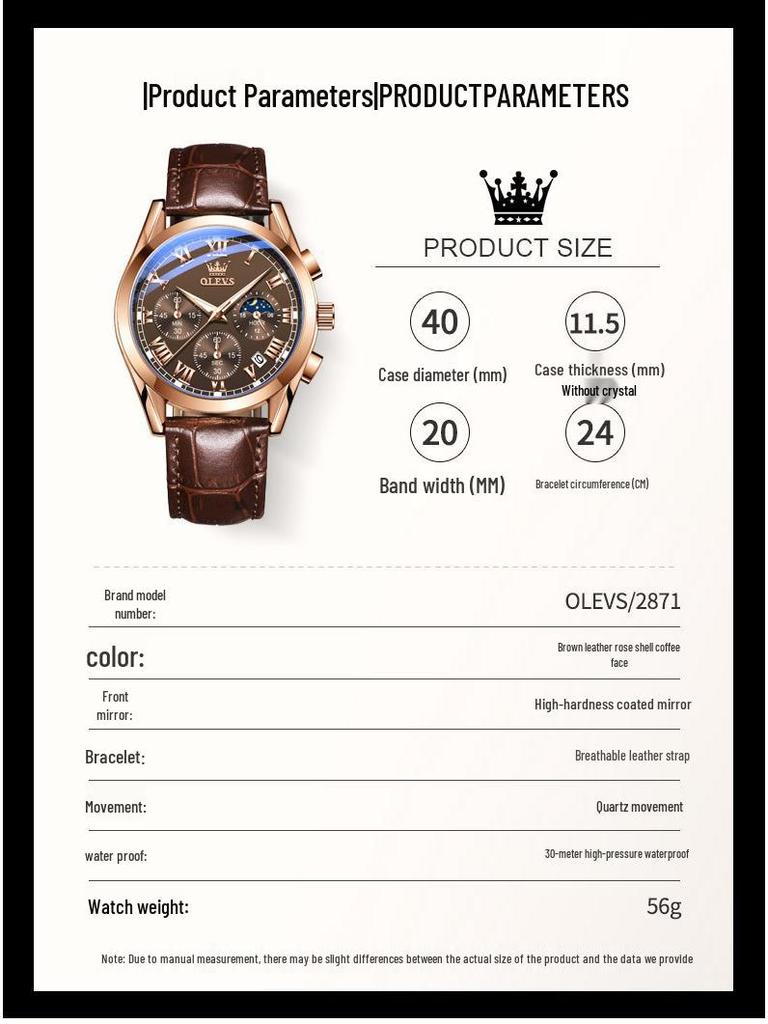 Oulishi Men's Waterproof Luminous Chronograph Quartz Watch with Three-Eye, Six-Hand Design.