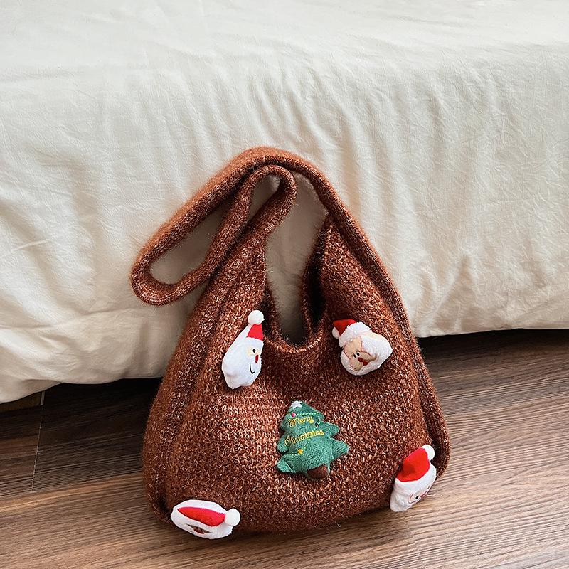 

Christmas Knitted Shoulder Bag Women Simple Large Capacity Hollow Woven Tote Bag Textured Casual and Versatile Commuting Bag коричневый