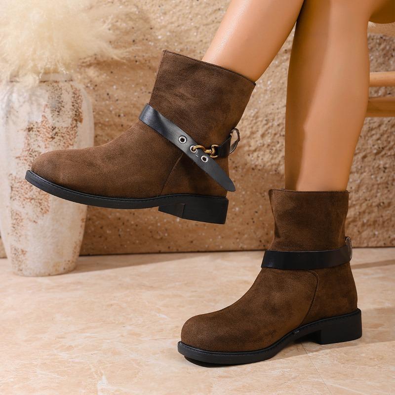 Large size autumn and winter new round head thick heel thin women's versatile soft sole buckle casual Martin boots