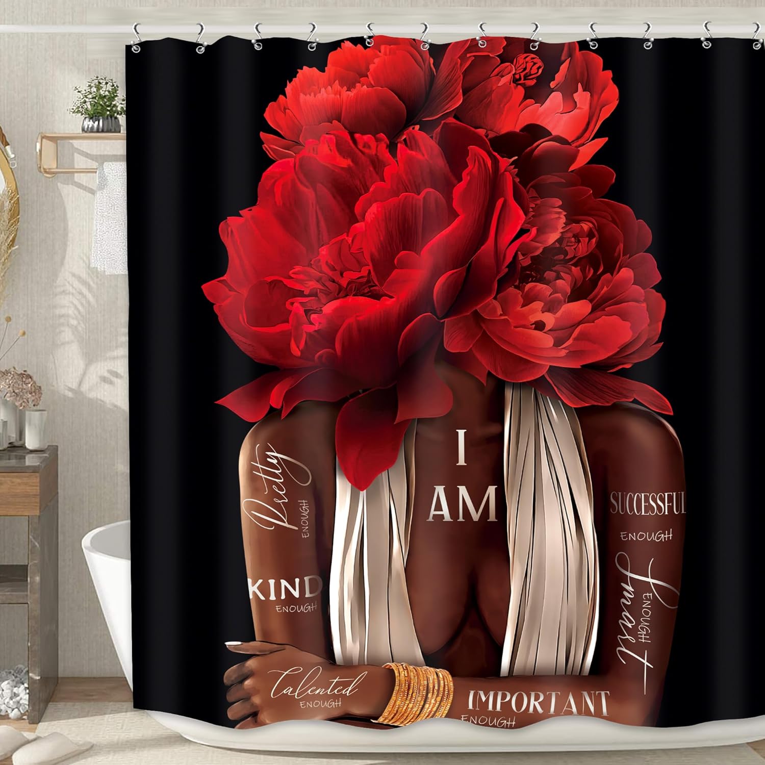 Creative Homewares Girls Red/Black/Burgundy Shower Curtain African American Rose Peony Floral Woman Positive Quote Vintage Afro Lady Decor
