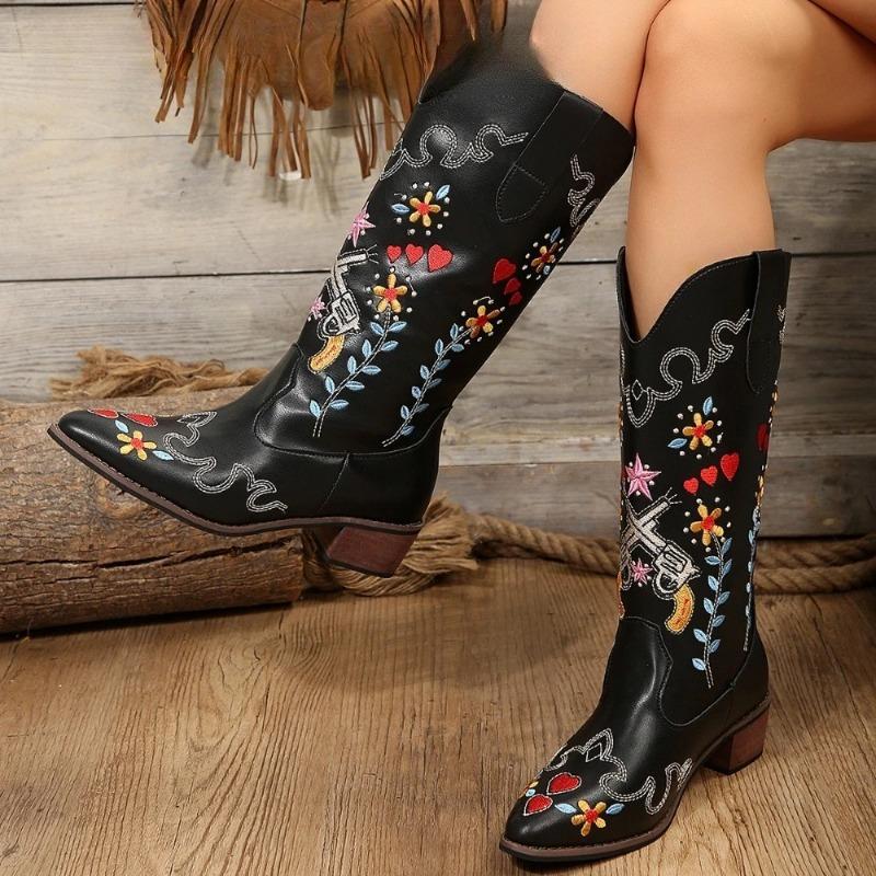 2025 European American Fashion Autumn Winter New Women's Mid Heel Leather Boots Pointed Toe Embroidered Western Boots