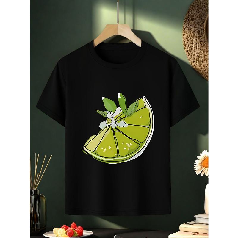 European Sizes ' Summer Casual Short Sleeve T-Shirt with Cartoon Lemon Print - Vibrant Red & Green Design,