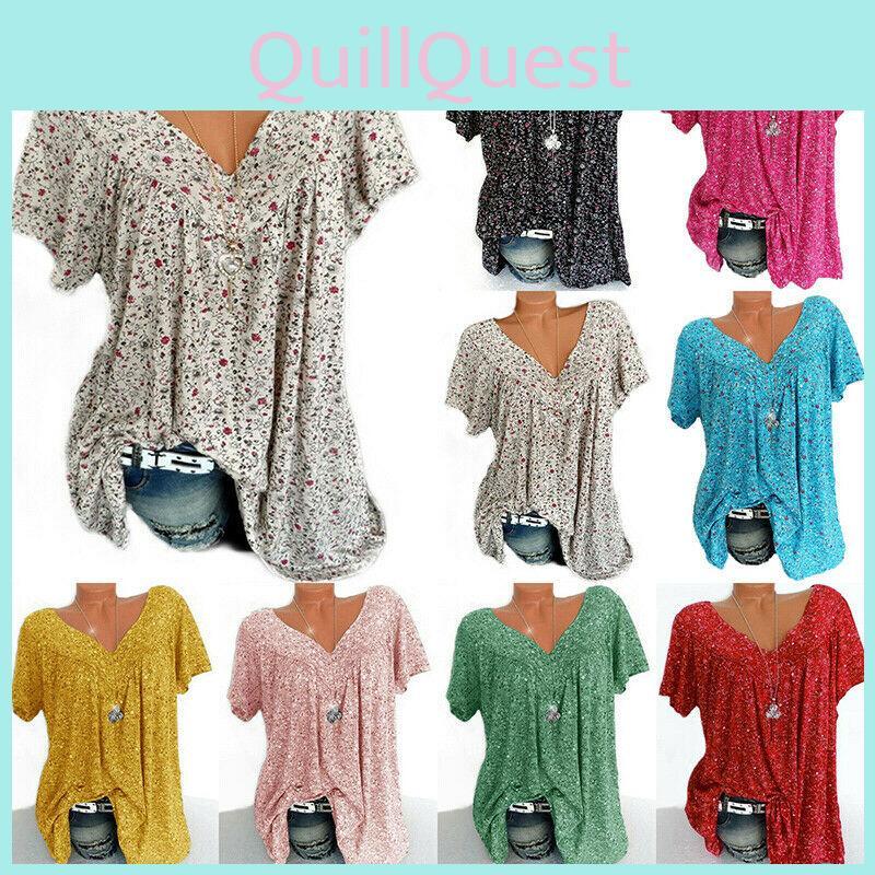 Stylish Women V Neck Floral Tee T-shirts With Plus Size Options For Summer Comfort