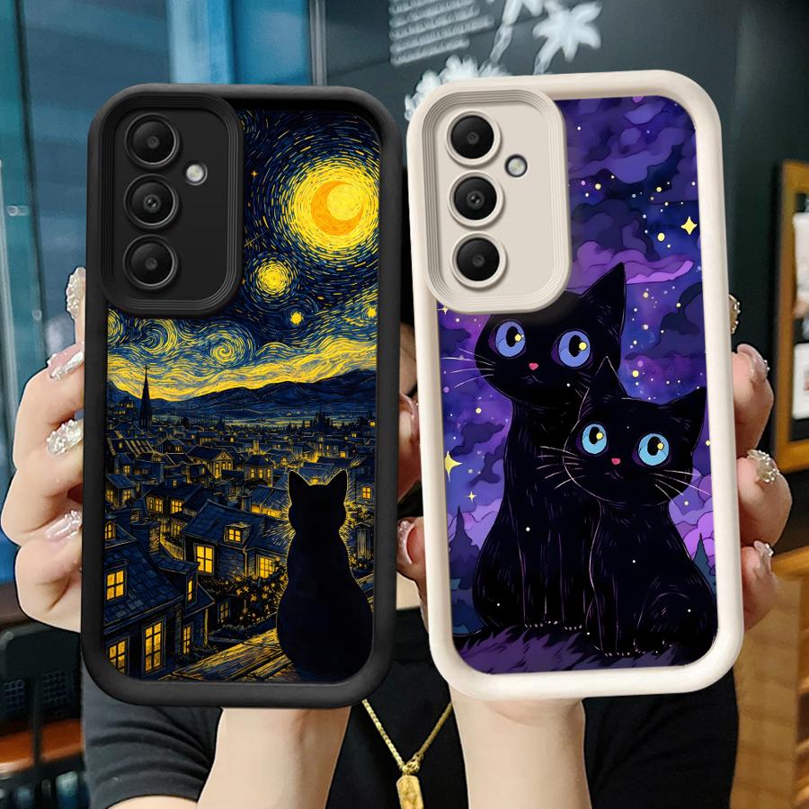 Black Night Star Cat Case for Samsung Galaxy A16 A12 A13 A53 A54 A15 A23 A71 A72 A34 A56 A26 A32 A35 A36 A51 A73 Phone Cover