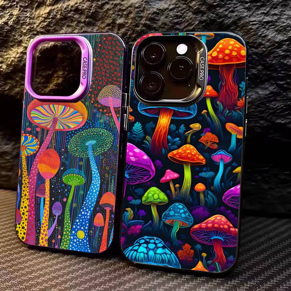 Trippy Psychedelic Mushrooms Phone Case For iPhone17,16,15,14,13,12,11 Plus,Pro Max Colored Silver Plated Inside Cover