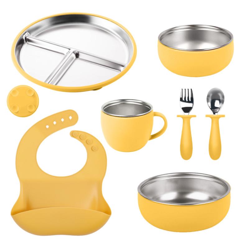 7-Piece Children's Dishes Set Baby Stainless Silicone Tableware Set Suction Cups Forks Spoons Mother and Baby Supplies