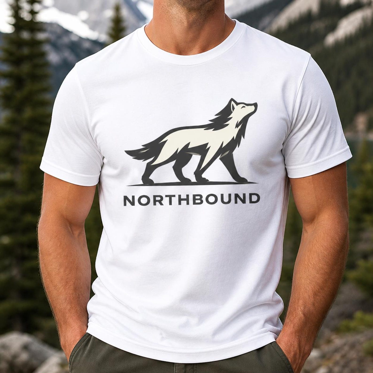 Northbound Wolf Shirt, Minimalist Adventure Graphic Tee, Nature Hiking Apparel M