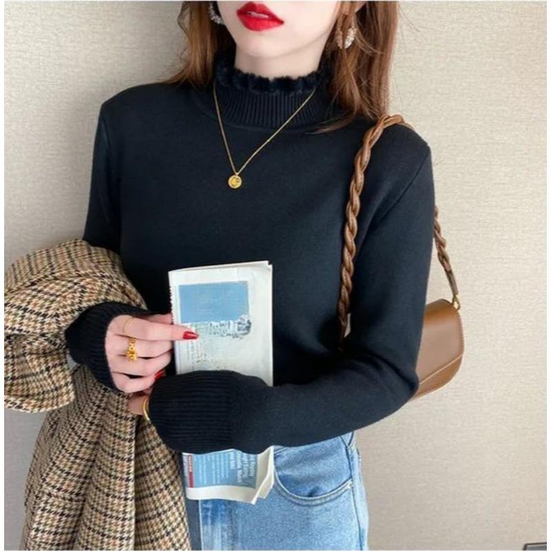 Winter Female Plush Sweater Women Half High Collar Long Sleeved Thickened Velvet To Keep Warm Knitwear Lady Versatile Solid Color Basic Pullover