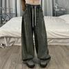 Women Jeans Wide Leg Floor Length Loose Denim Drawstring Elastic Waist Solid Color Hip Hop Streetwear Deep Crotch Pockets Vintage Straight Long Pants