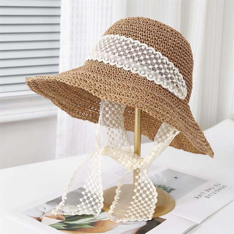 Straw hat women's summer lace-up hollow straw hat sunscreen beach sun hat lace sun hat