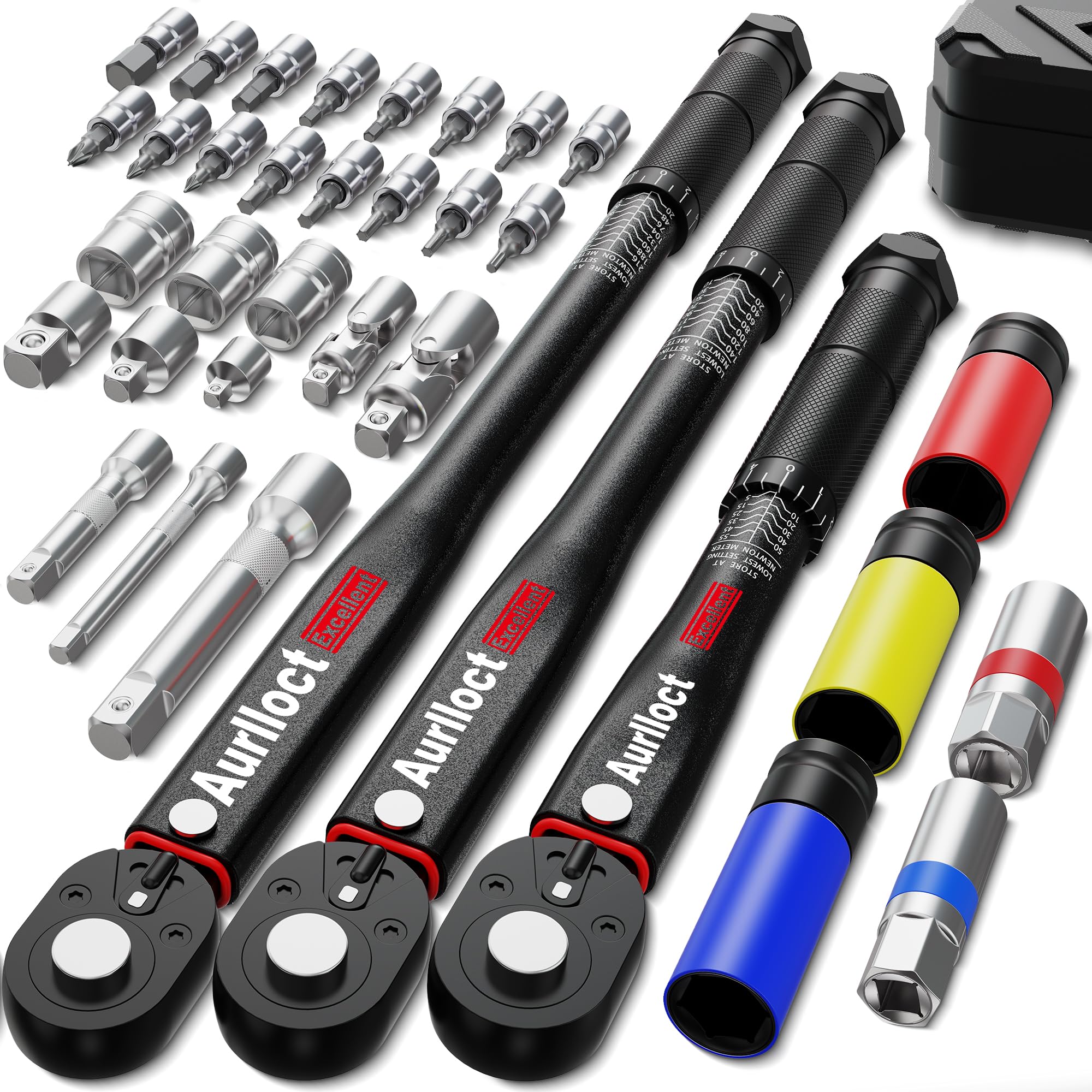 

Aurlloct Torque Wrench High Accuracy Storage Case for and Cars 35-Piece Pre-Set Set, 12.7mm (1/2 ) Drive 20-230N.m, 9.5mm (3/8 ) Drive 10-140N.m, чорний