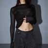 Neck Sleevewhite Long Round Women Elegant Striped See Through Outfits Tshirts Tees Skinny Club Tops