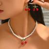 Imitation Pearl Cherry Pendant Necklace Earrings Set, Summer High-end Light Luxury Collarbone Chain Jewelry Necklace