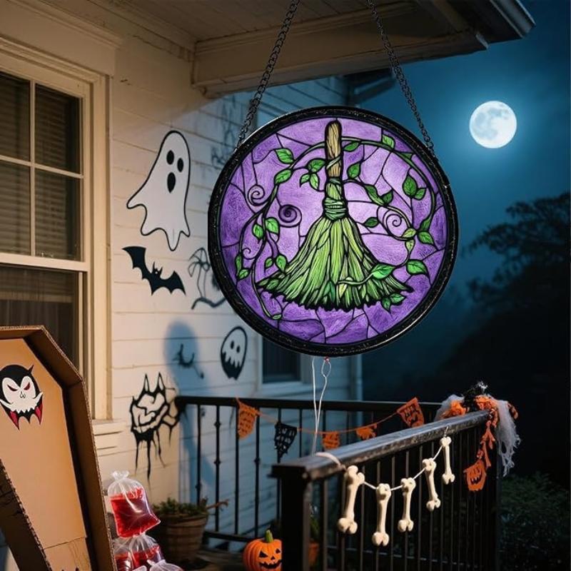 Halloween Stained Glass Pumpkin Suncatcher Adorable Ghost Design Hanging Window Decor for Indoor Outdoor Holiday Party