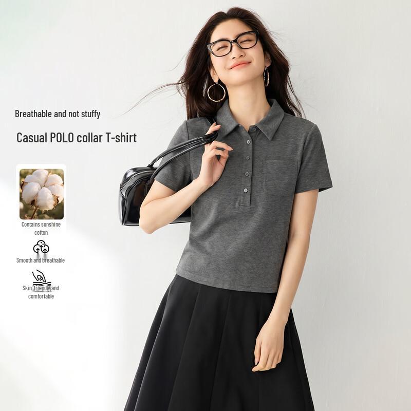 Women s Slim Fit Thin Polo T-Shirt L серый тонкий