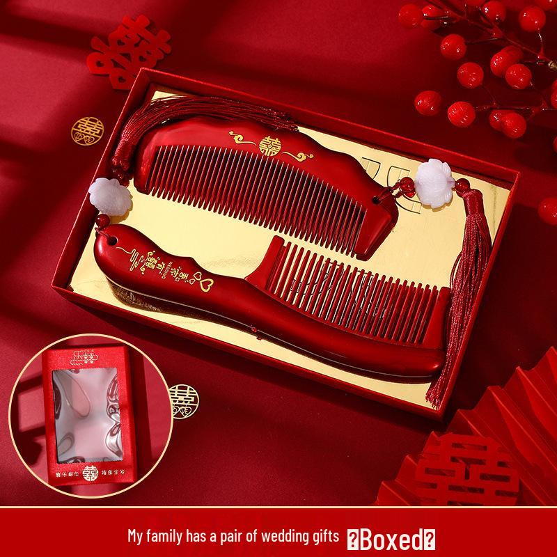 Bordowy Drewniany Zestaw Grzebieni Ślubnych z Lusterkiem - Pudełko na Prezent Weselny Panny Młodej