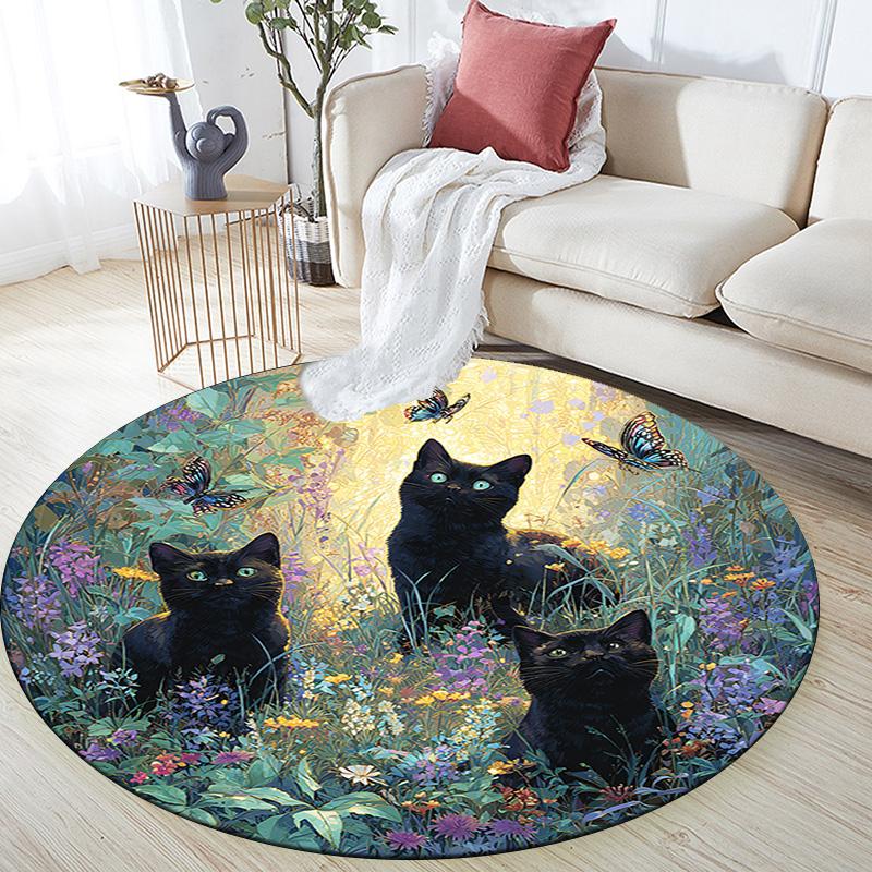 Black Cat Round Area Rug,Carpet Rug for Living Room Bedroom Sofa Playroom Decor,Non-slip Floor Mat
