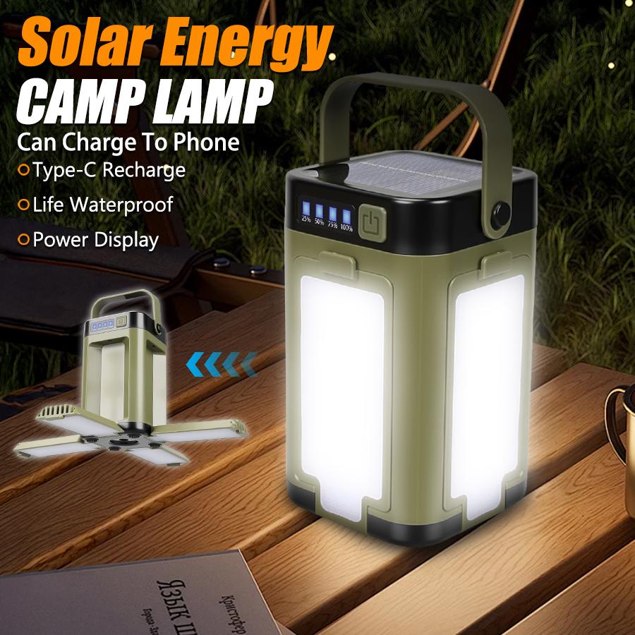 Solar rechargeable LED camping light, barbecue light, 4-leaf folding tent light, atmosphere light, outdoor emergency lighting flashlight