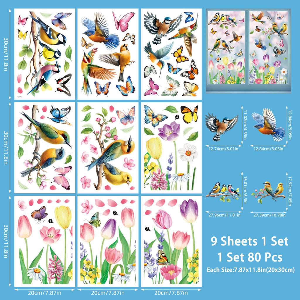 Spring 2026 New Butterfly Hummingbird Flower Static Cling Window Stickers for Home Decor Room Atmosphere