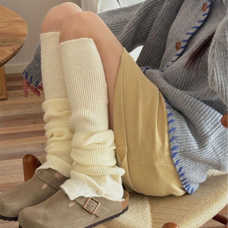 Women's Slouchy Leg Warmers with Side Split Buttons Solid Color Ribbed Knitted Leg Covers Footless Knee Length Socks