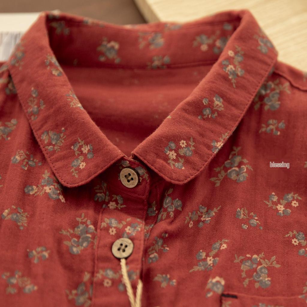 Spring Yuanbao Collar Floral Print Double Layer Gauze Cotton Shirt - Women's Loose Cotton Linen Style