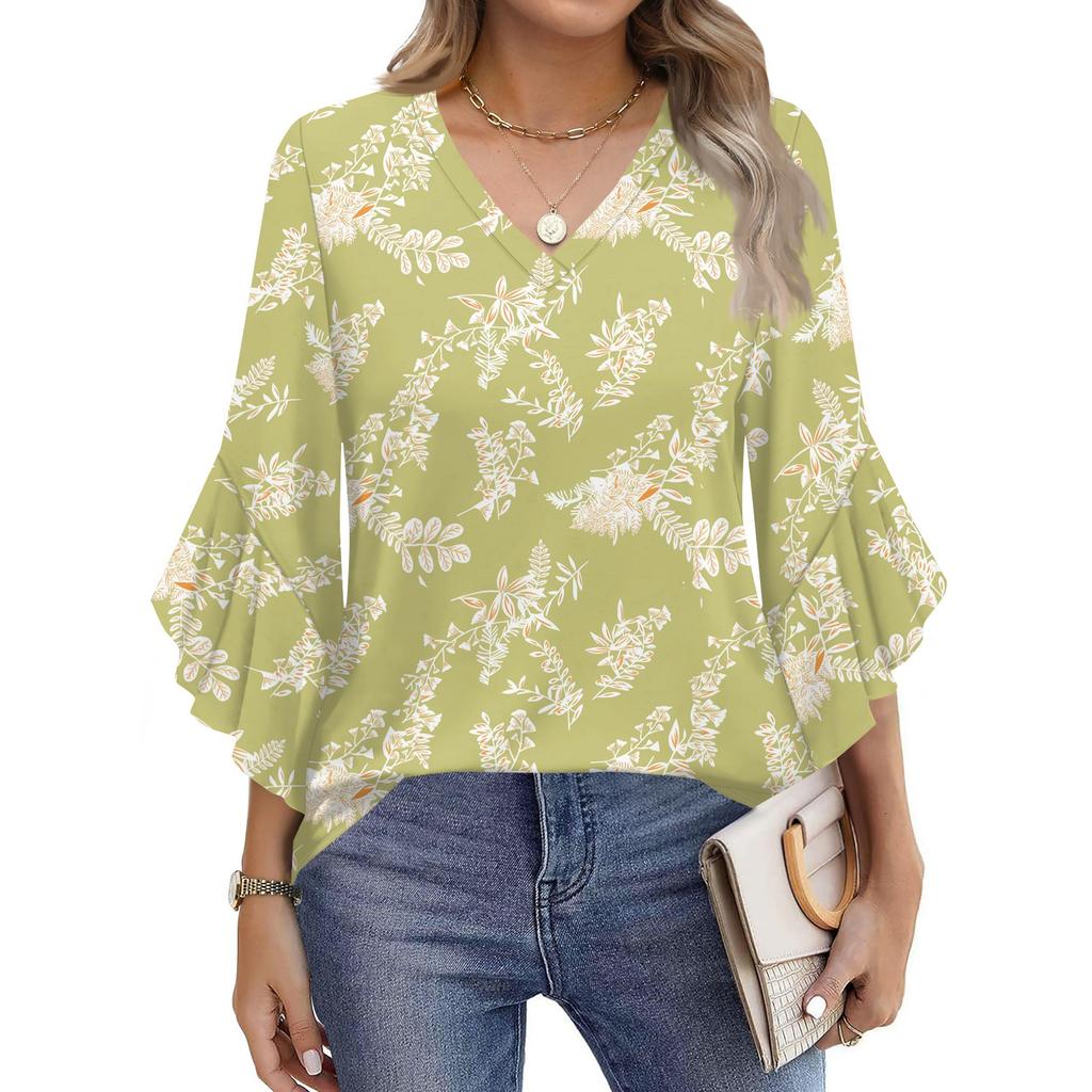 Blouses For Women Dressy Casual 3/4 Length Sleeve Womens Tops V Neck Tshirts Shirts With Flared Sleeve