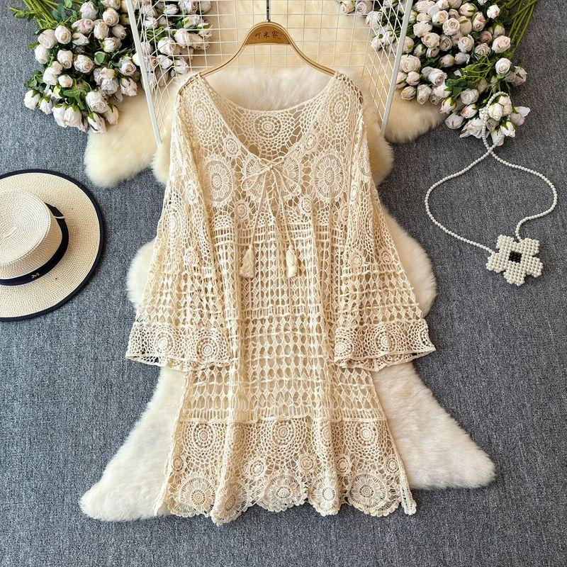 

Стильное вязаное крючком платье-блуза с вырезами для женщин, летнее, больших размеров, для дам, для улицы, для морского отдыха, миди Apricot color One size