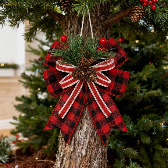 Christmas Burlap Plaid Bow with Pine Cones Pine Needles Large Buffalo Plaid Bow Xmas Wreath Checkered Bow for Holiday Crafts Home Party Tree Decor