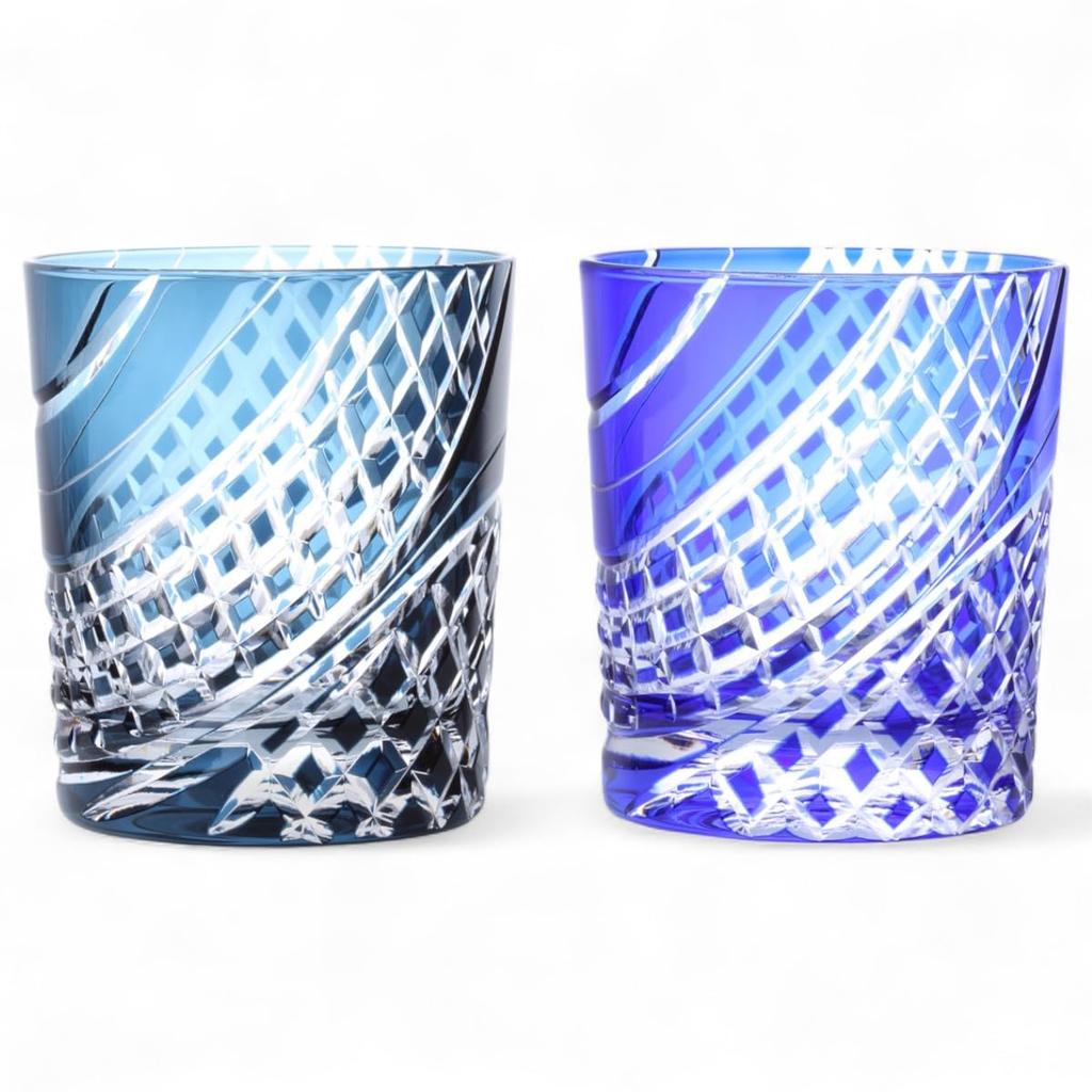 Mizukage Kiriko Pair of Glass Flowing Water Lattice Ink Blue Current Model J-kitchens Cups, 80xH90mm, 280cc, Pattern, & Blue, Bisho,