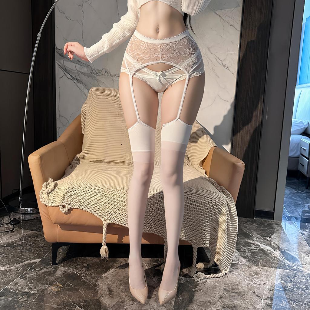 Women Lace Patchwork Suspender Integrated Sexy Solid Thigh High Stockings