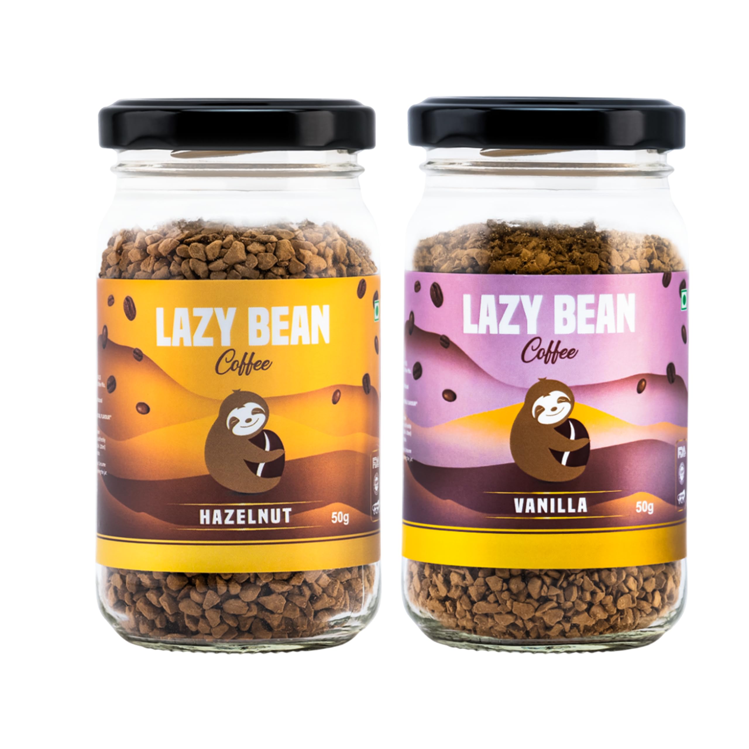 Lazy Bean Flavoured Instant Coffee Combo - Hazelnut & Vanilla (50g Each) | Premium Instant Coffee Powder | Smooth Medium Roast, Rich Aroma | Quick