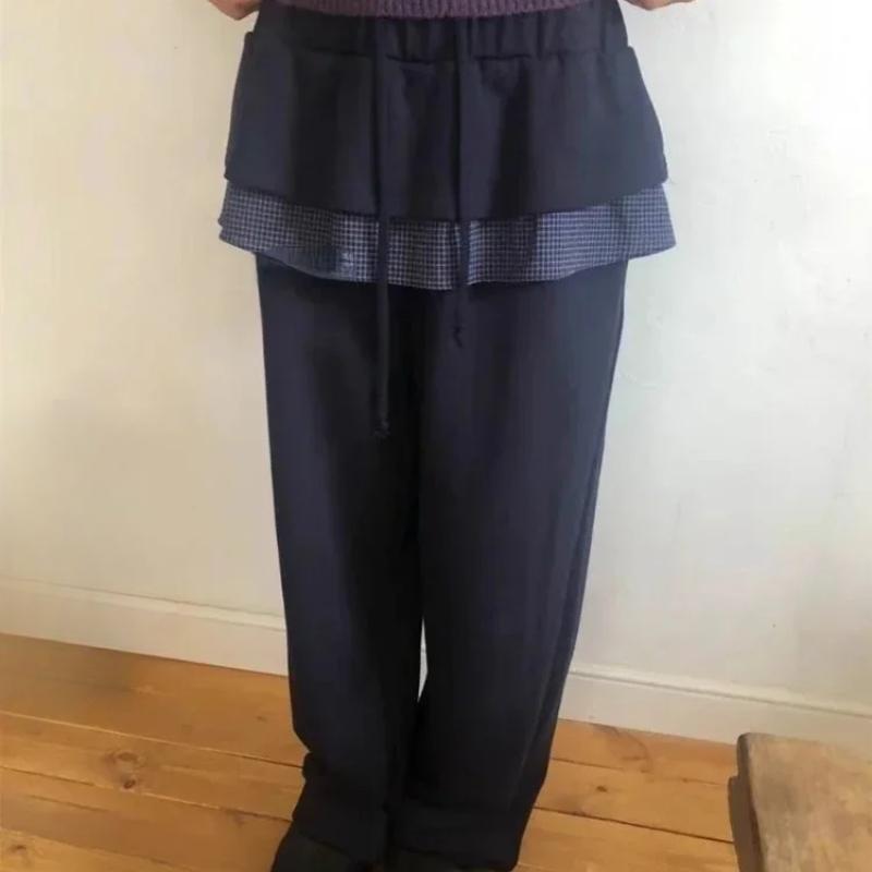 European and American Women's Autumn and Winter Cute Small Grid Lotus Leaf Patchwork Skirt Pants Elastic Waist Casual Pants