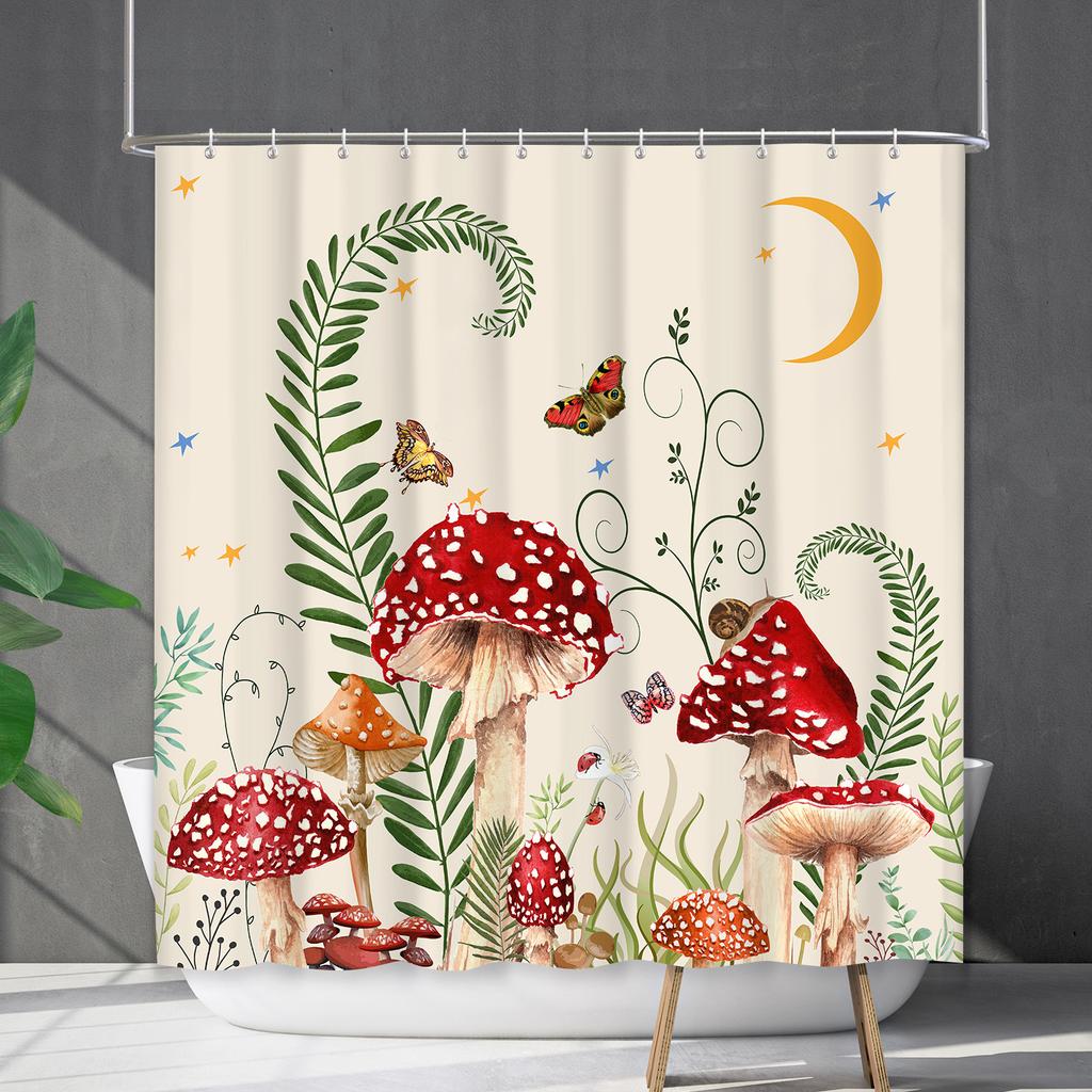 Bathroom Waterproof Curtain Digital Printing Plant Mushroom Shower Curtain Non-Punching Toilet Partition Curtain Shower Cloth